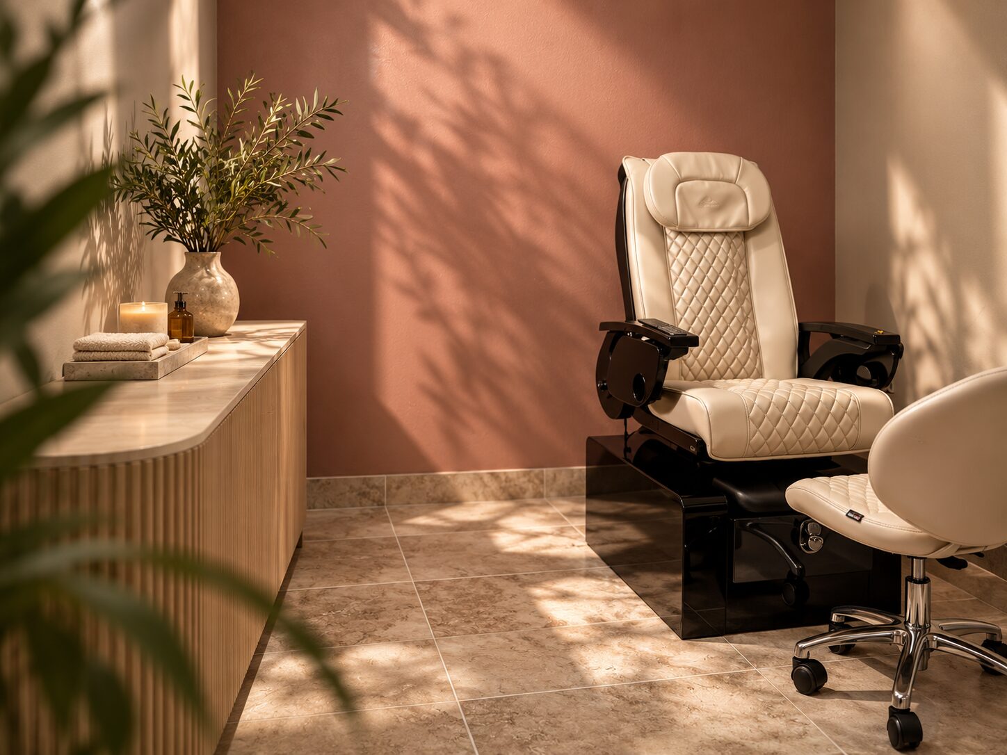 The Adobe Wellness treatment room: a cream quilted pedicure chair against a dusty-rose wall beside pale wood cabinetry