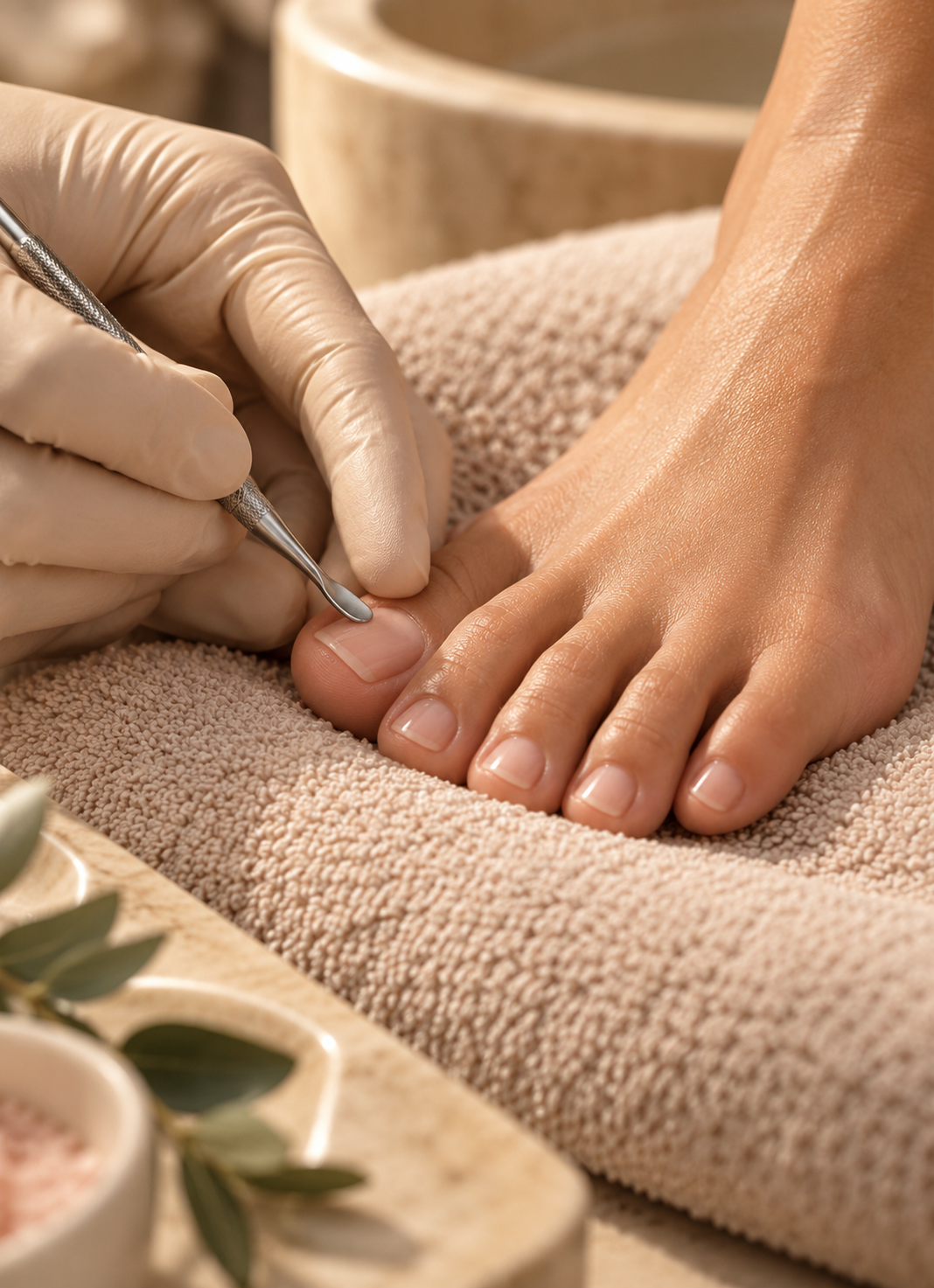 Gloved hands carefully tending a natural toenail, with all five toes visible on a soft towel
